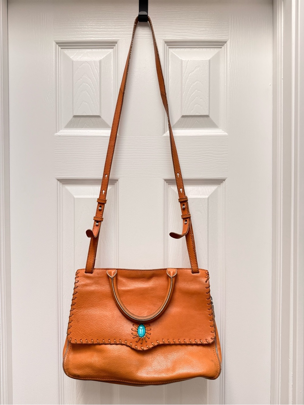 Rebecca Minkoff Western Boho Leather Crossbody | Turquoise Detail‎ | Saddle Tan